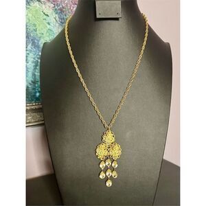 Gold Floral Filigree Necklace with Crystal Pendant 45cm